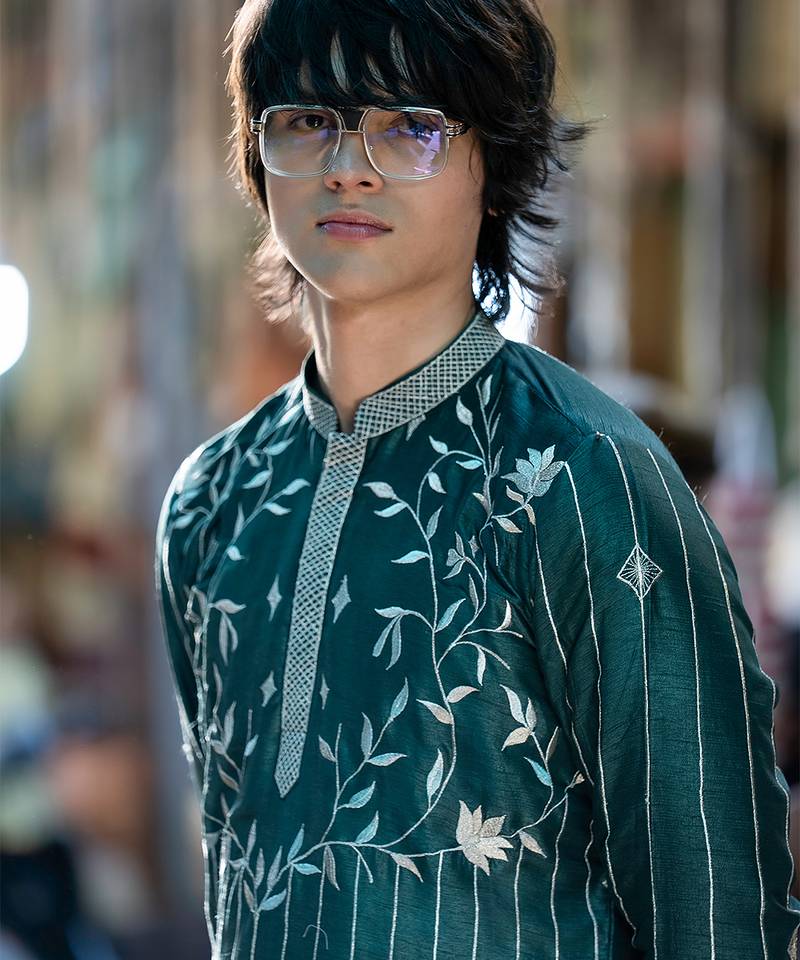 Green embroidered raw silk kurta