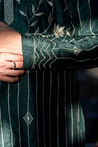 Green embroidered raw silk kurta