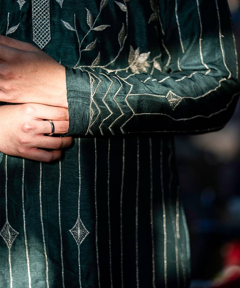 Green embroidered raw silk kurta