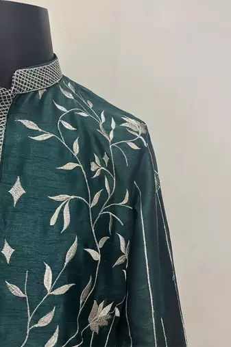 Green embroidered raw silk kurta