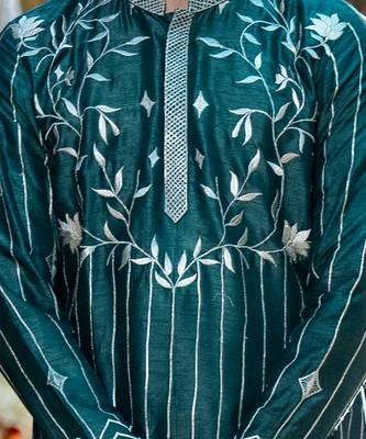 Green embroidered raw silk kurta 5