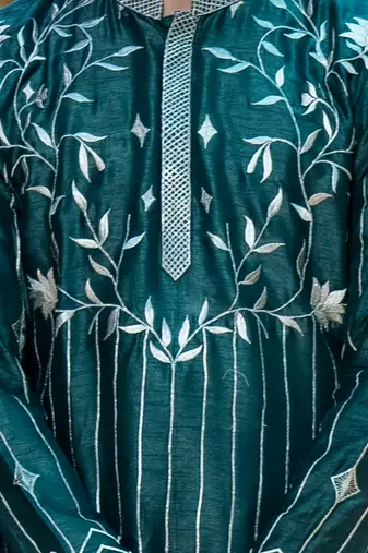 Green embroidered raw silk kurta