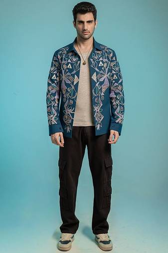 Blue embroidered lycra strech shacket