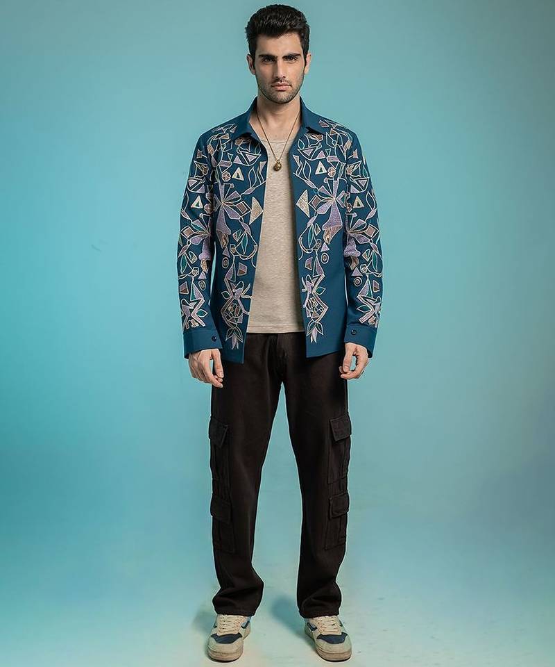 Blue embroidered lycra strech shacket