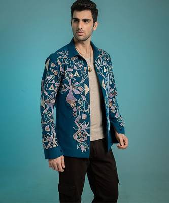 Blue embroidered lycra strech shacket 3