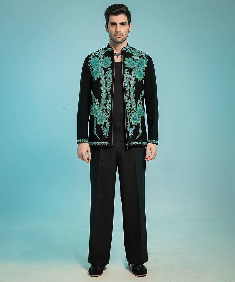 Black teal green embroidered armani men shacket