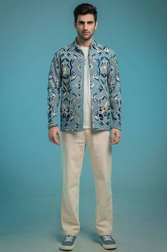 Blue embroidered shacket