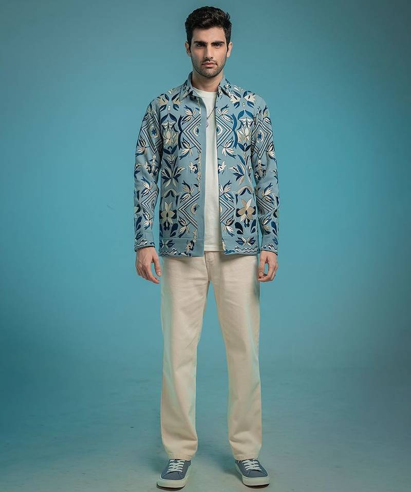 Blue embroidered shacket