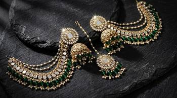 gold plated kundan & mirror work green  jhumka earrings with ear chain  2