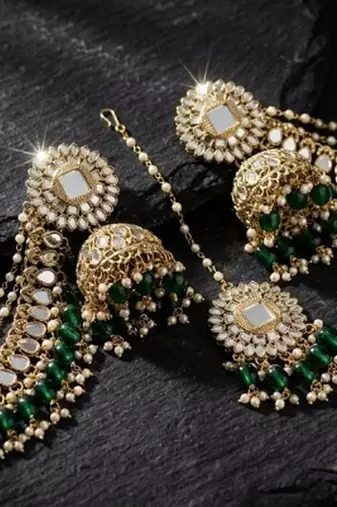 gold plated kundan & mirror work green  jhumka earrings with ear chain 