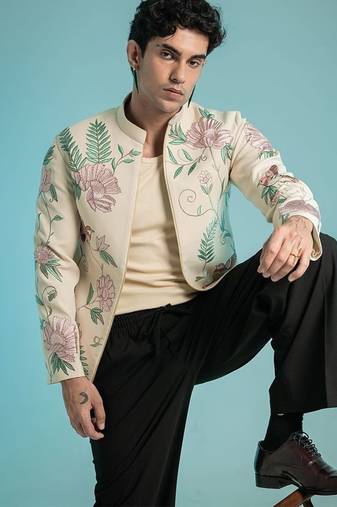 Beige embroidered linen shacket