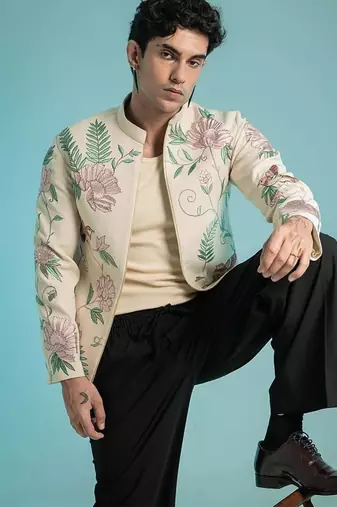 Beige embroidered linen shacket