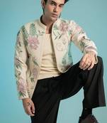 Beige embroidered linen shacket