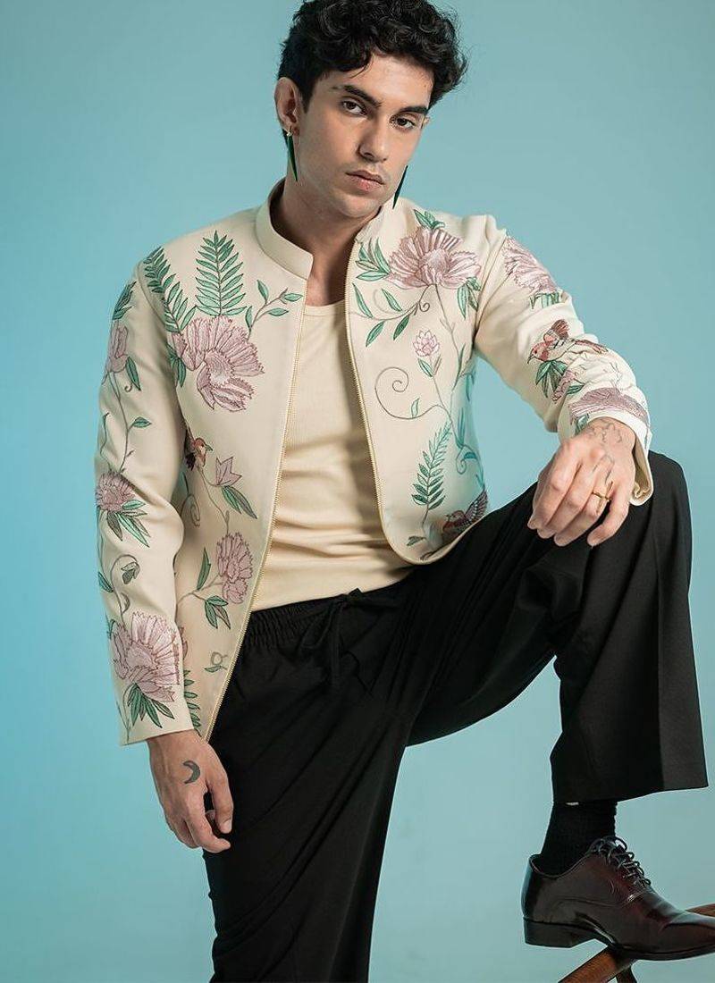 Beige embroidered linen shacket