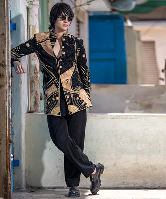 Black embroidered british linen indo western jacket 1