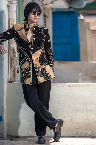 Black embroidered british linen indo western jacket