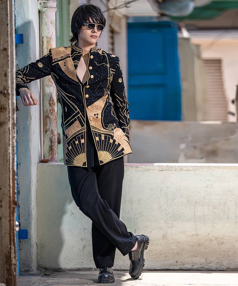 Black embroidered british linen indo western jacket