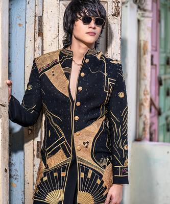 Black embroidered british linen indo western jacket 5