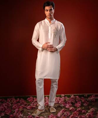 White embroidered raw silk kurta 1