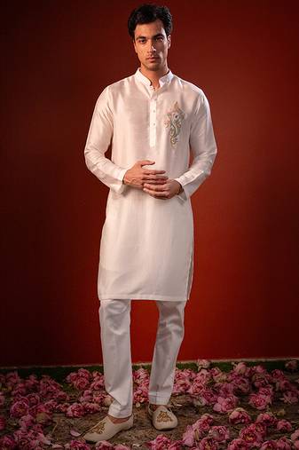 White embroidered raw silk kurta