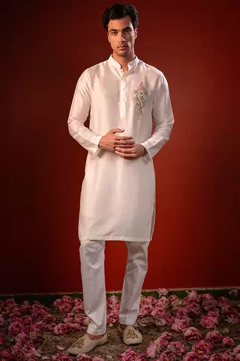 White embroidered raw silk kurta