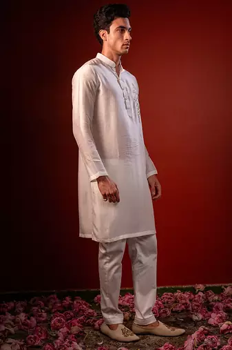 White embroidered raw silk kurta