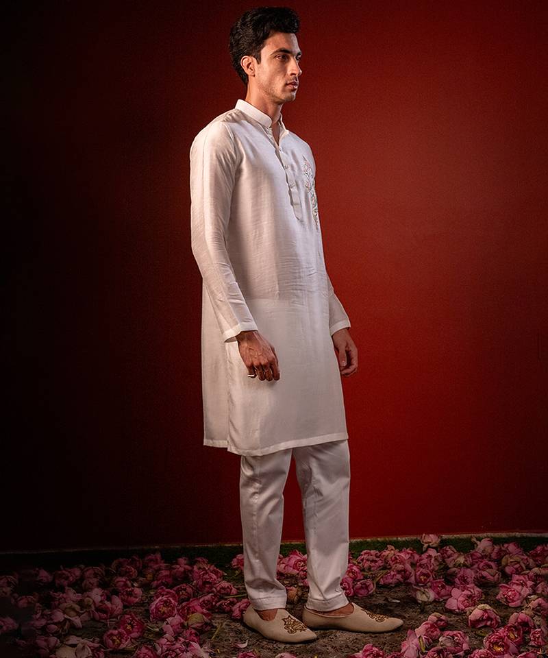 White embroidered raw silk kurta