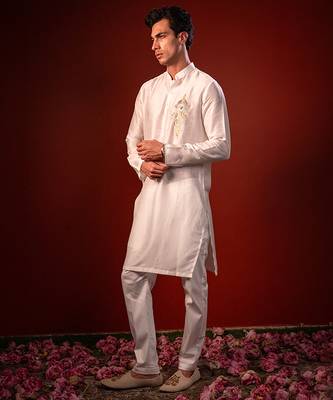 White embroidered raw silk kurta 3