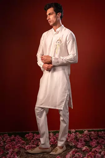 White embroidered raw silk kurta