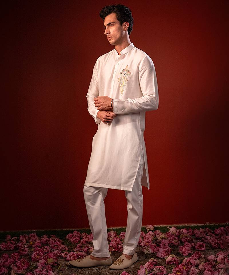 White embroidered raw silk kurta