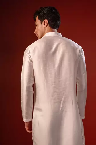 White embroidered raw silk kurta