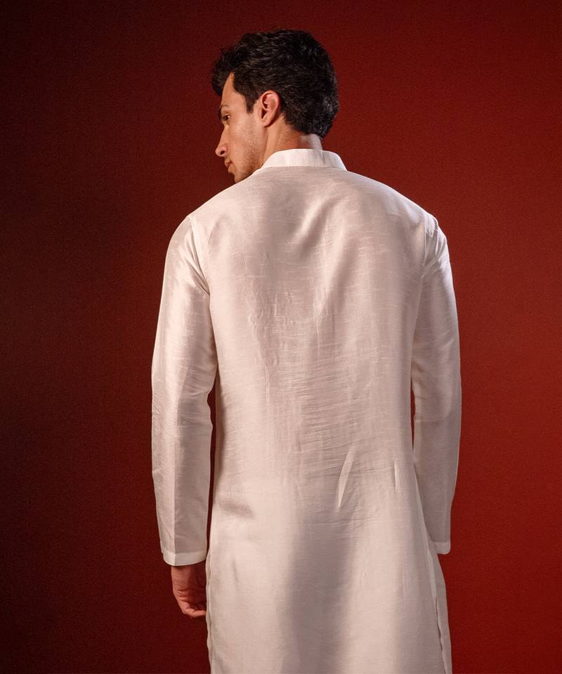 White embroidered raw silk kurta