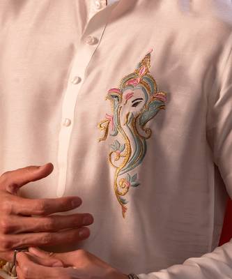 White embroidered raw silk kurta 5
