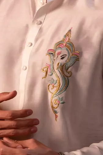 White embroidered raw silk kurta