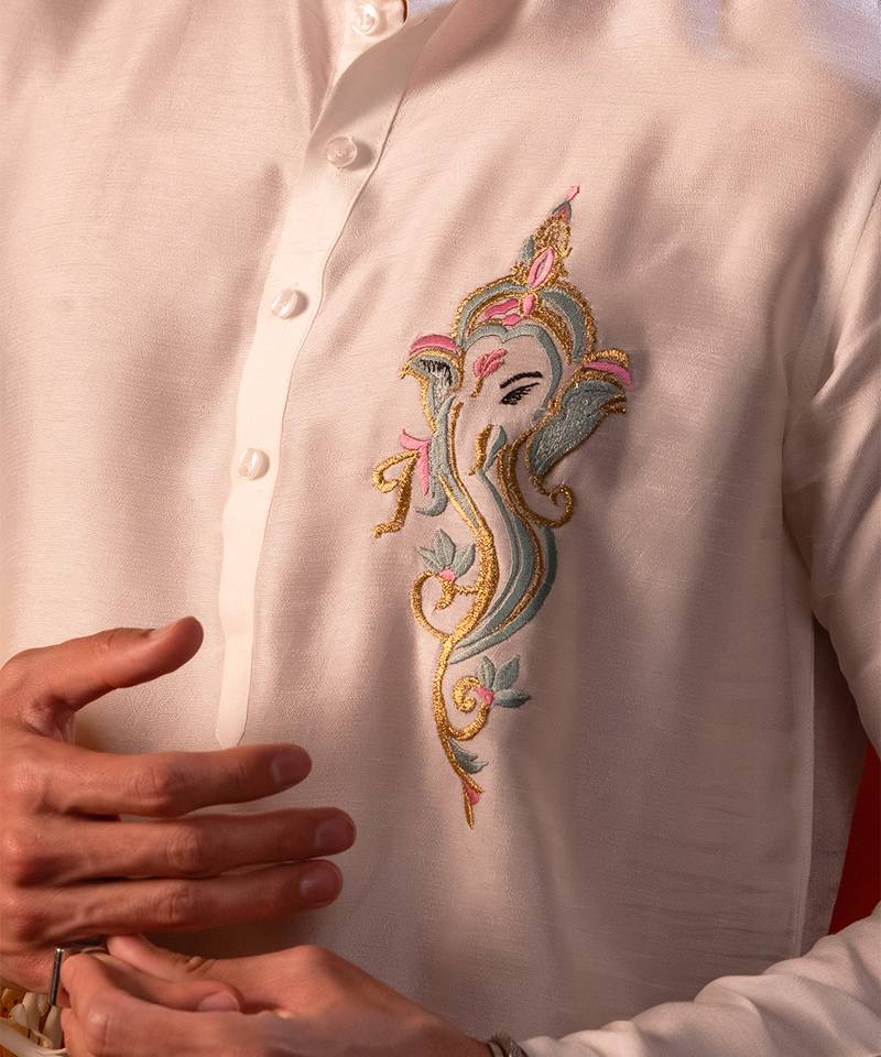 White embroidered raw silk kurta