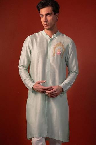 Green embroidered raw silk kurta