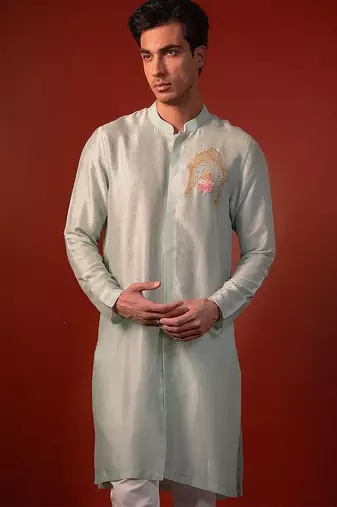 Green embroidered raw silk kurta