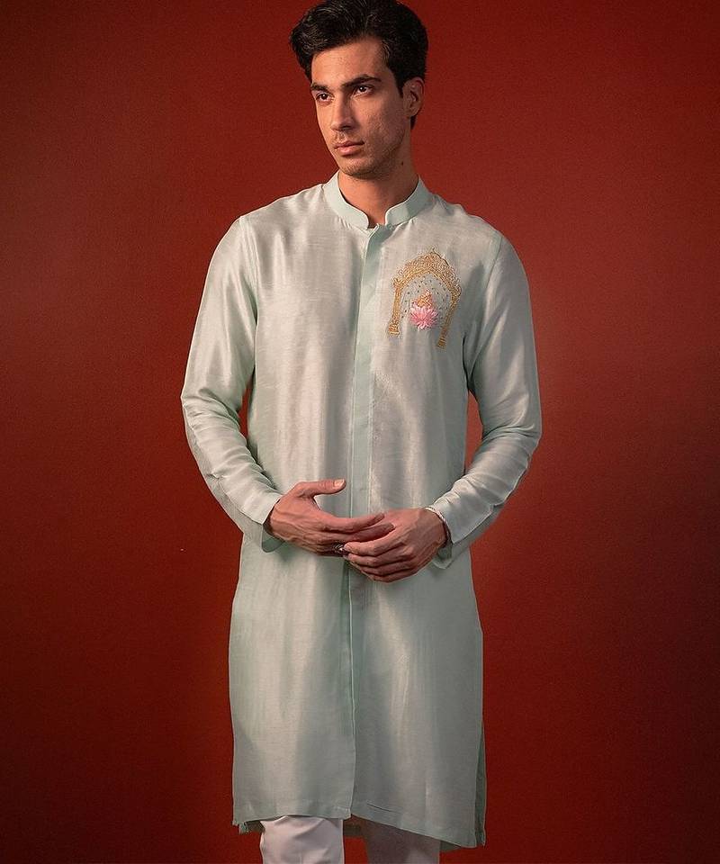 Green embroidered raw silk kurta