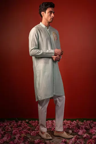 Green embroidered raw silk kurta