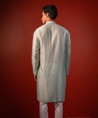 Green embroidered raw silk kurta 4