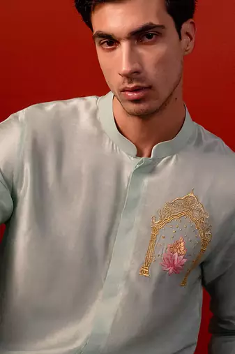 Green embroidered raw silk kurta