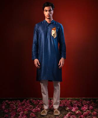 Navy blue embroidered raw silk kurta 1