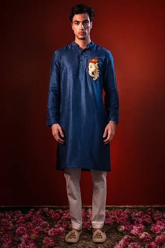 Navy blue embroidered raw silk kurta