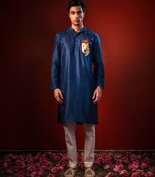 Navy blue embroidered raw silk kurta