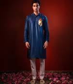 Navy blue embroidered raw silk kurta