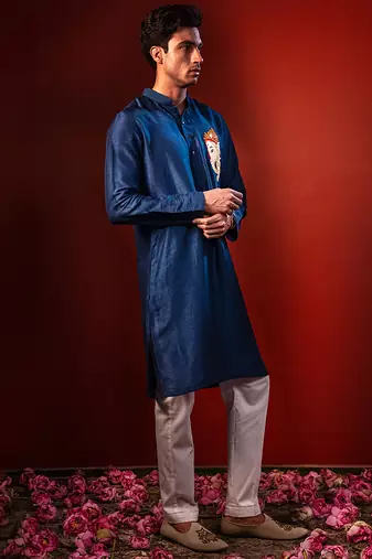 Navy blue embroidered raw silk kurta