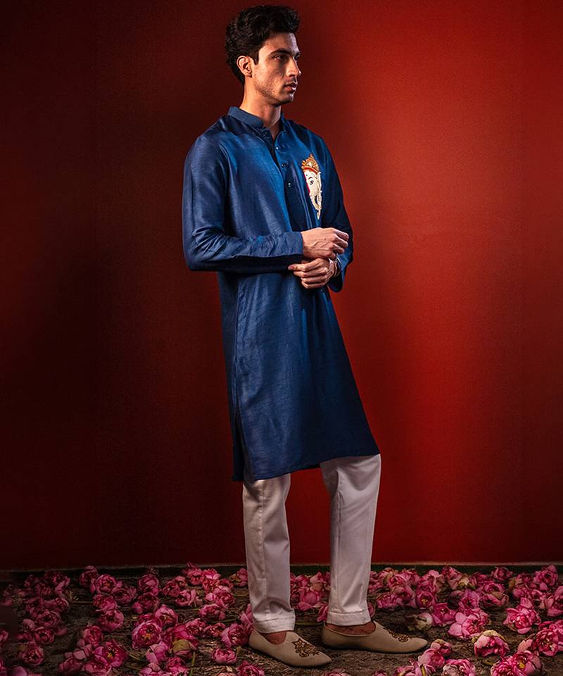 Navy blue embroidered raw silk kurta