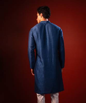 Navy blue embroidered raw silk kurta 3