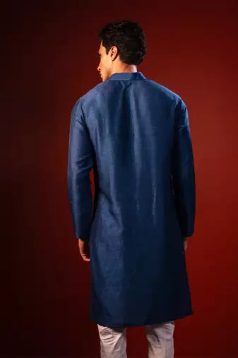 Navy blue embroidered raw silk kurta