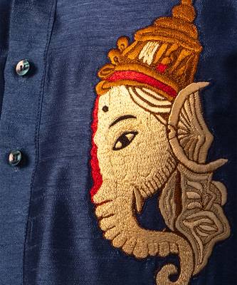 Navy blue embroidered raw silk kurta 4